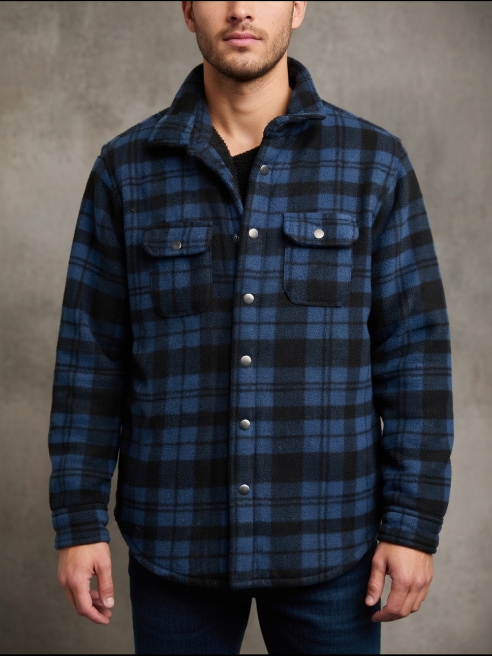 Men's Blue & Black Plaid Snap-Front Shirt Jacket